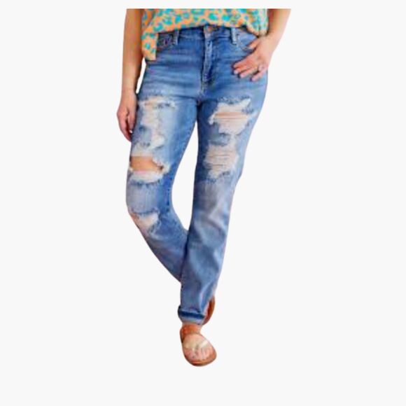 Judy Blue Jeans Women's Sz 27 Blue Boyfriend Fit Distressed Ripped Denim - Picture 2 of 13